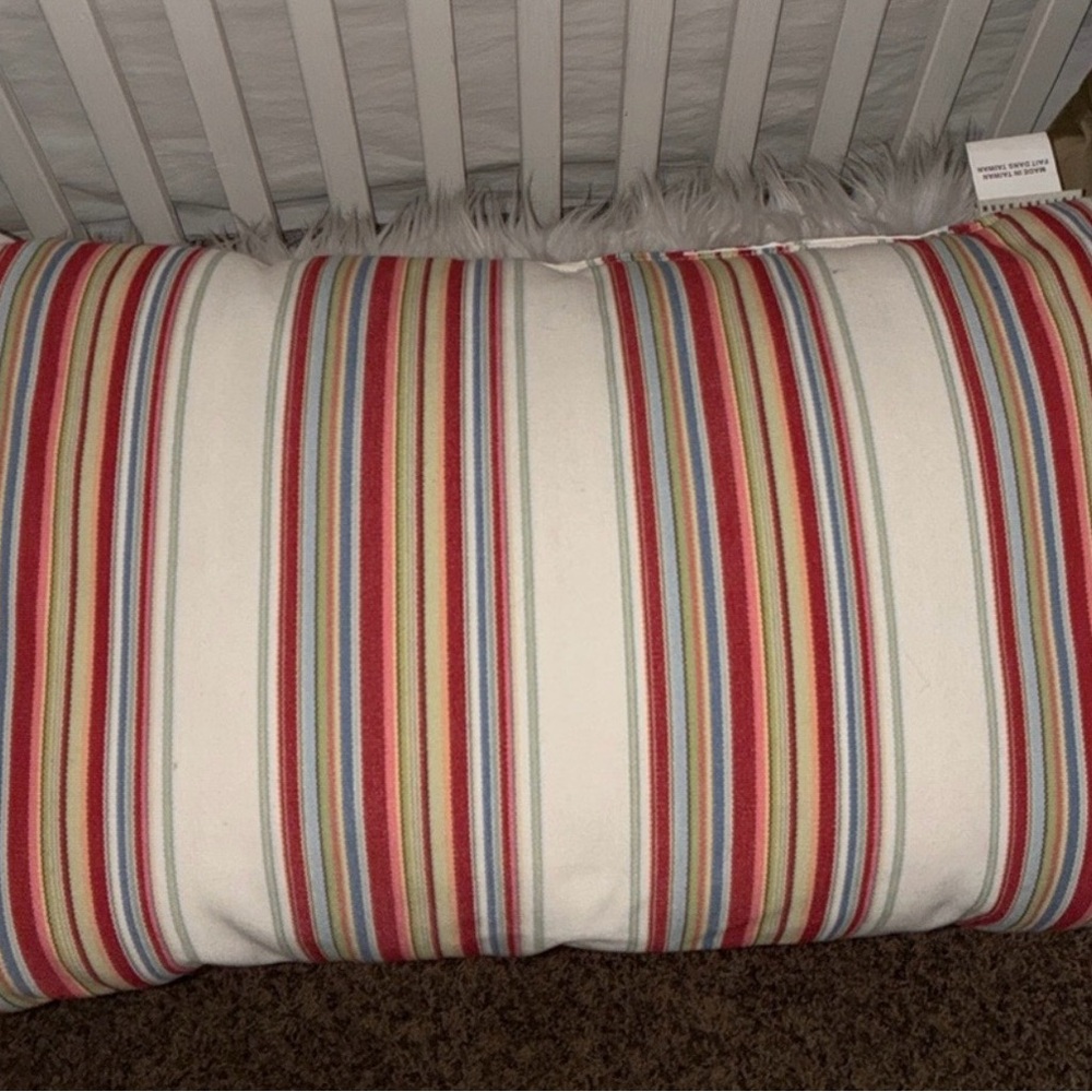 Pair of Pottery Barn Striped Accent Pillows in White, Red, Blue, Yellow